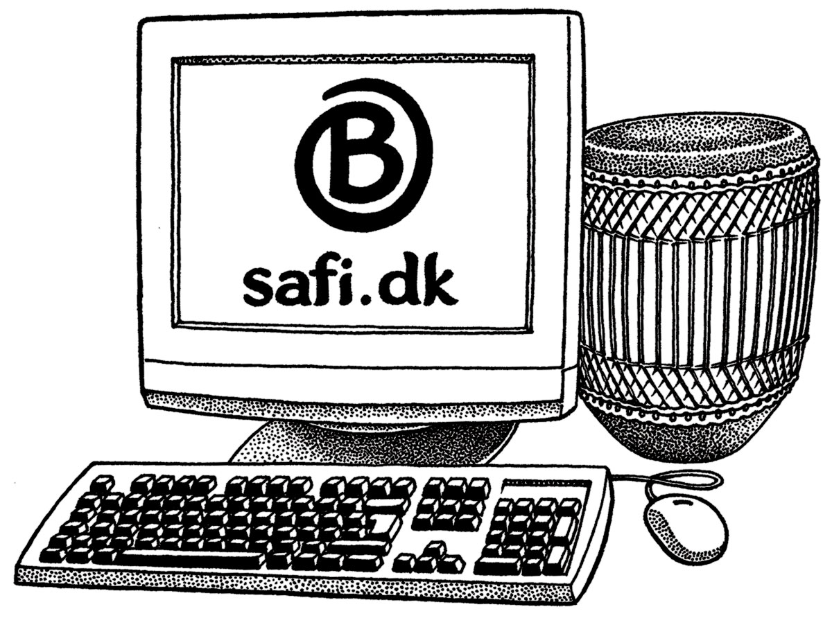 safi.dk En illustration af en gammel computerskærm tilsluttet et wifi-netværk, der viser et logo med "safi.dk", ledsaget af et tastatur, en mus og en dekorativ tromle.