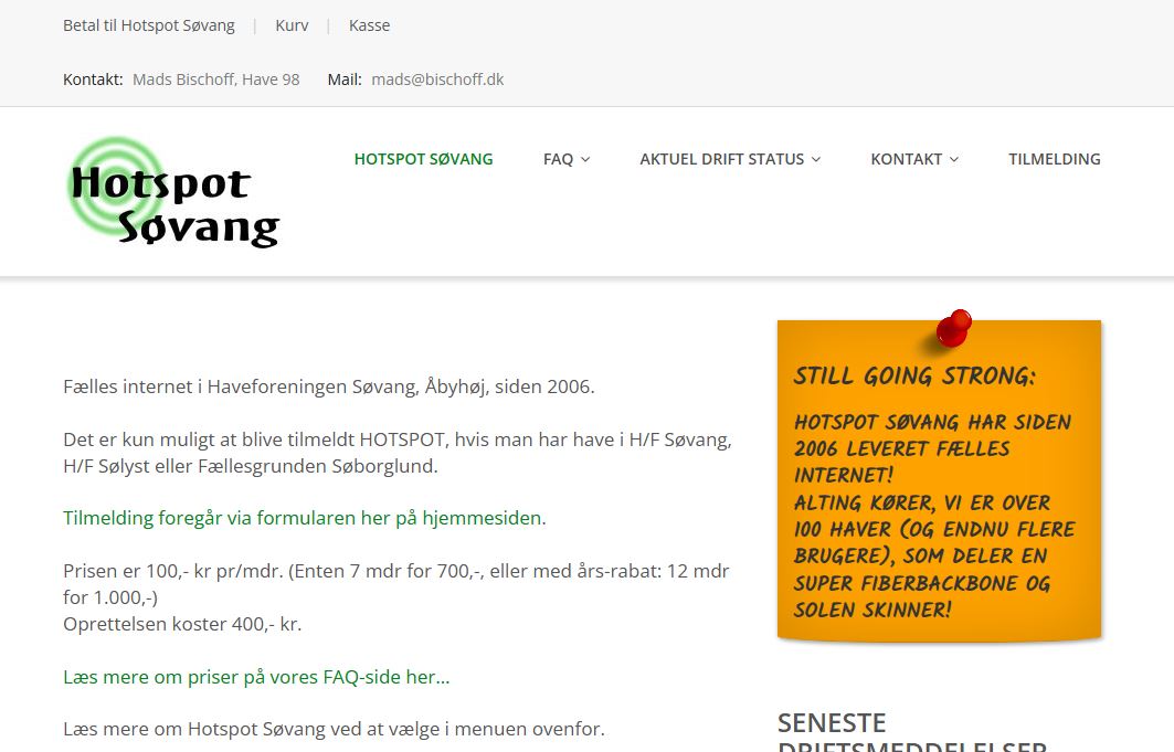 safi.dk Skærmbillede af Hotspot Søvang-webstedet med kontaktoplysninger, abonnementspriser og en note, der fremhæver lokale internettjenester etableret siden 2006.