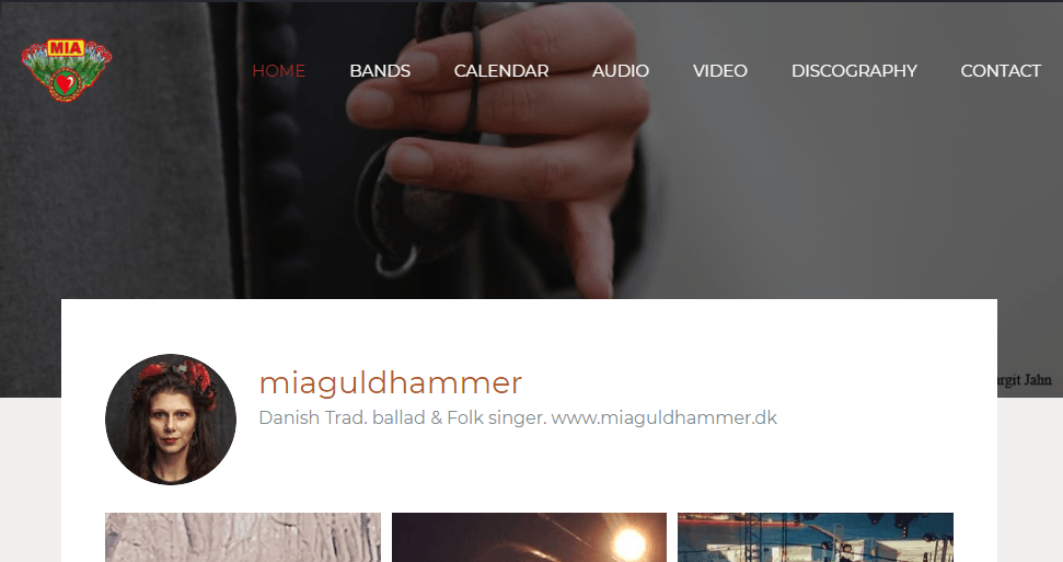 A website with a picture of a woman holding a musicinstrument.